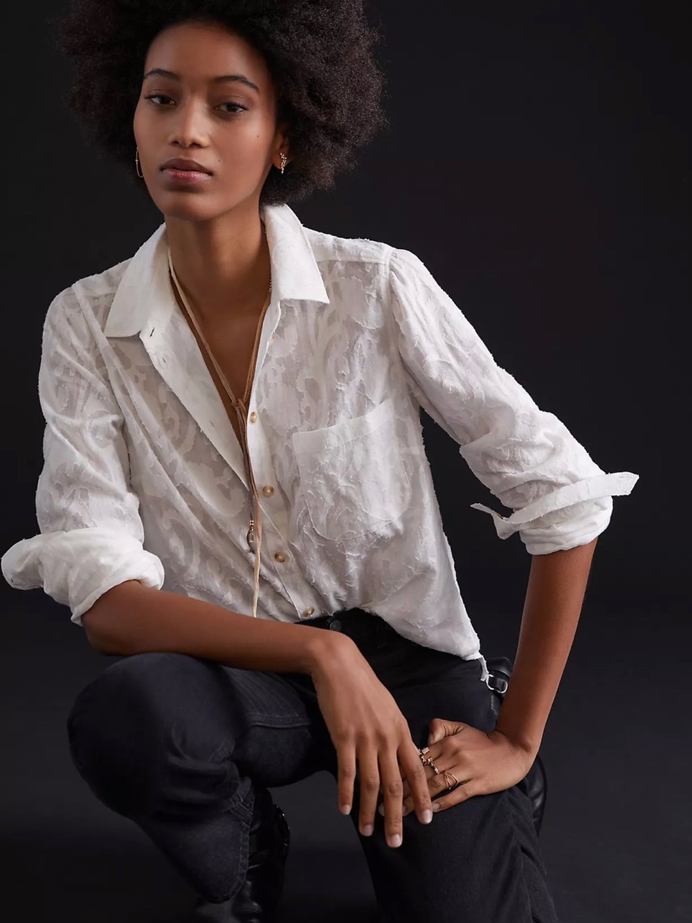 Anthropologie MAEVE White Jacquard Textured Long-Sleeve Button-Down Shirt